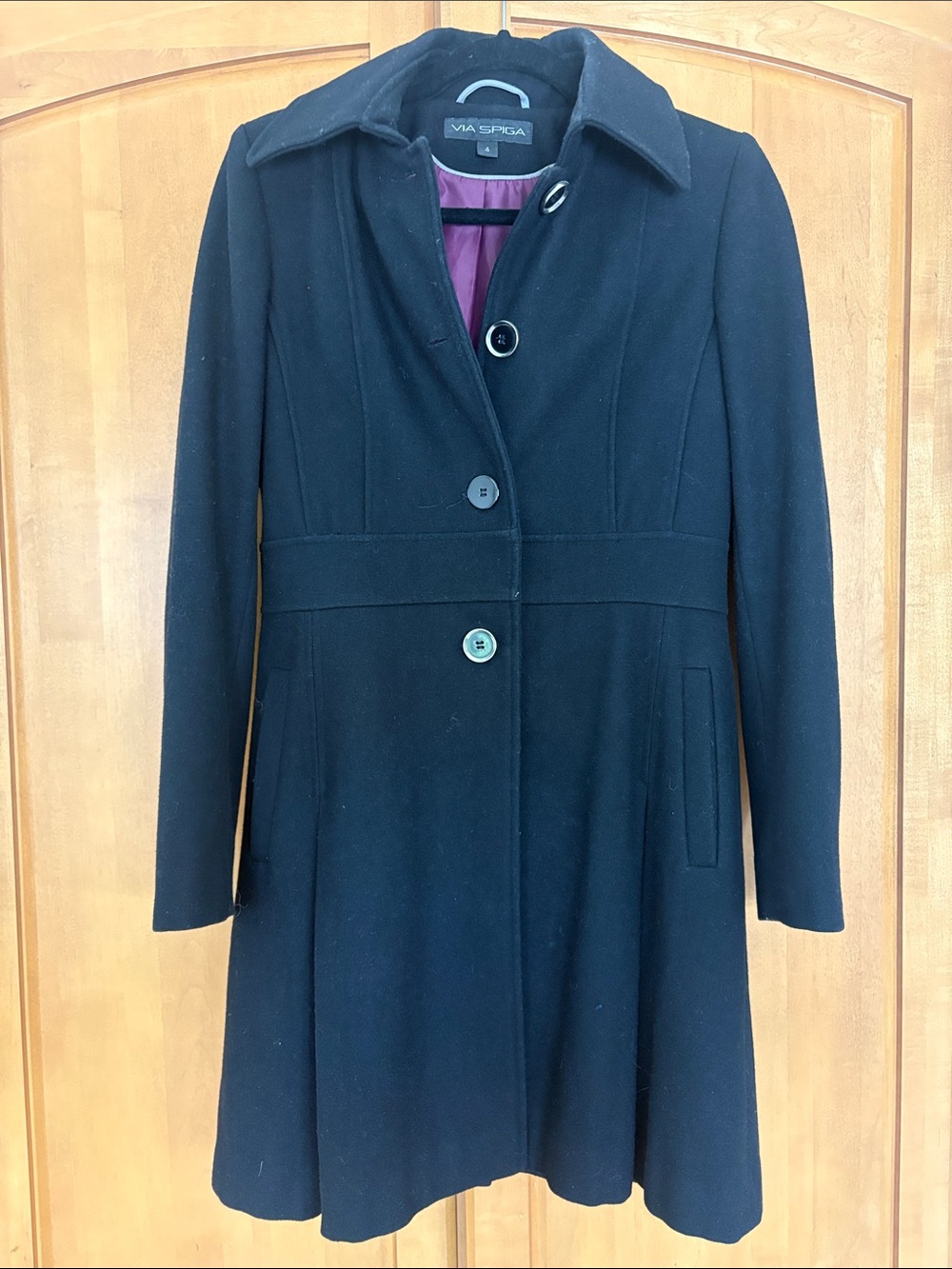 Via Spiga Black Wool Blend Single-Breasted Trench Coat with Purple Lining